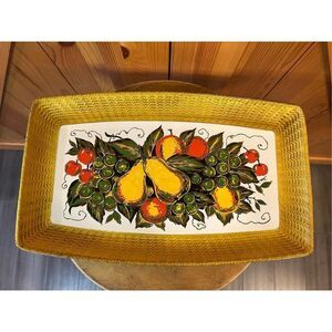 Nevco 3415 Curve Edge Rectangle Tray Fruit Motif Plastic VTG Faux Rattan Japan (